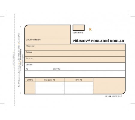 Příjmový pokladní doklad A6 číslovaný, samopropisovací,  3x25 listů