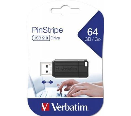 USB flash disk "PinStripe", černá, 64GB, USB 2.0, 10/4MB/ sec, VERBATIM