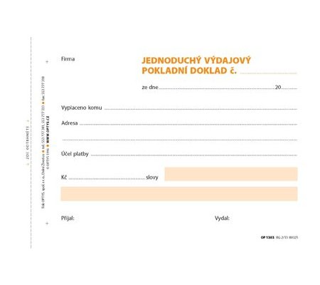 Výdajový pokladní doklad A6 jednoduchý, samopropisovací