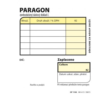 Paragon obchodní, samopropis, nečíslovaný