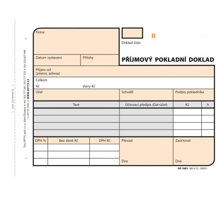 Příjmový pokladní doklad A6 číslovaný, samopropisovací, 2x50listů