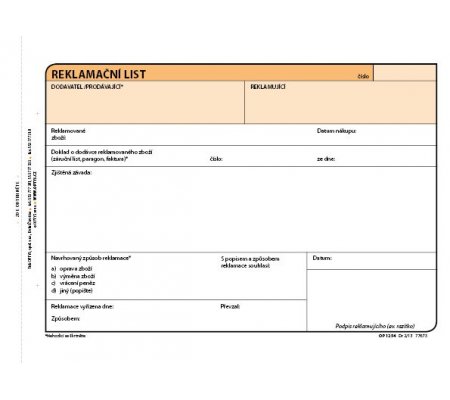 Reklamační list A5, samopropisovací